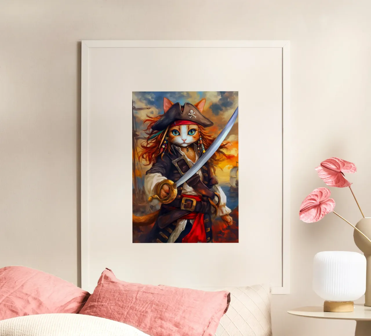 Gatto pirata poster con telaio in alluminio da Fleur de Lys