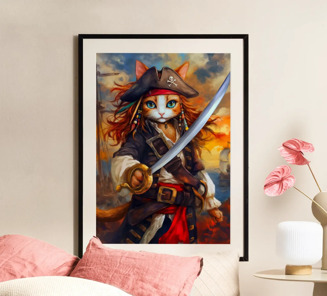 Gatto pirata poster con telaio in alluminio da Fleur de Lys
