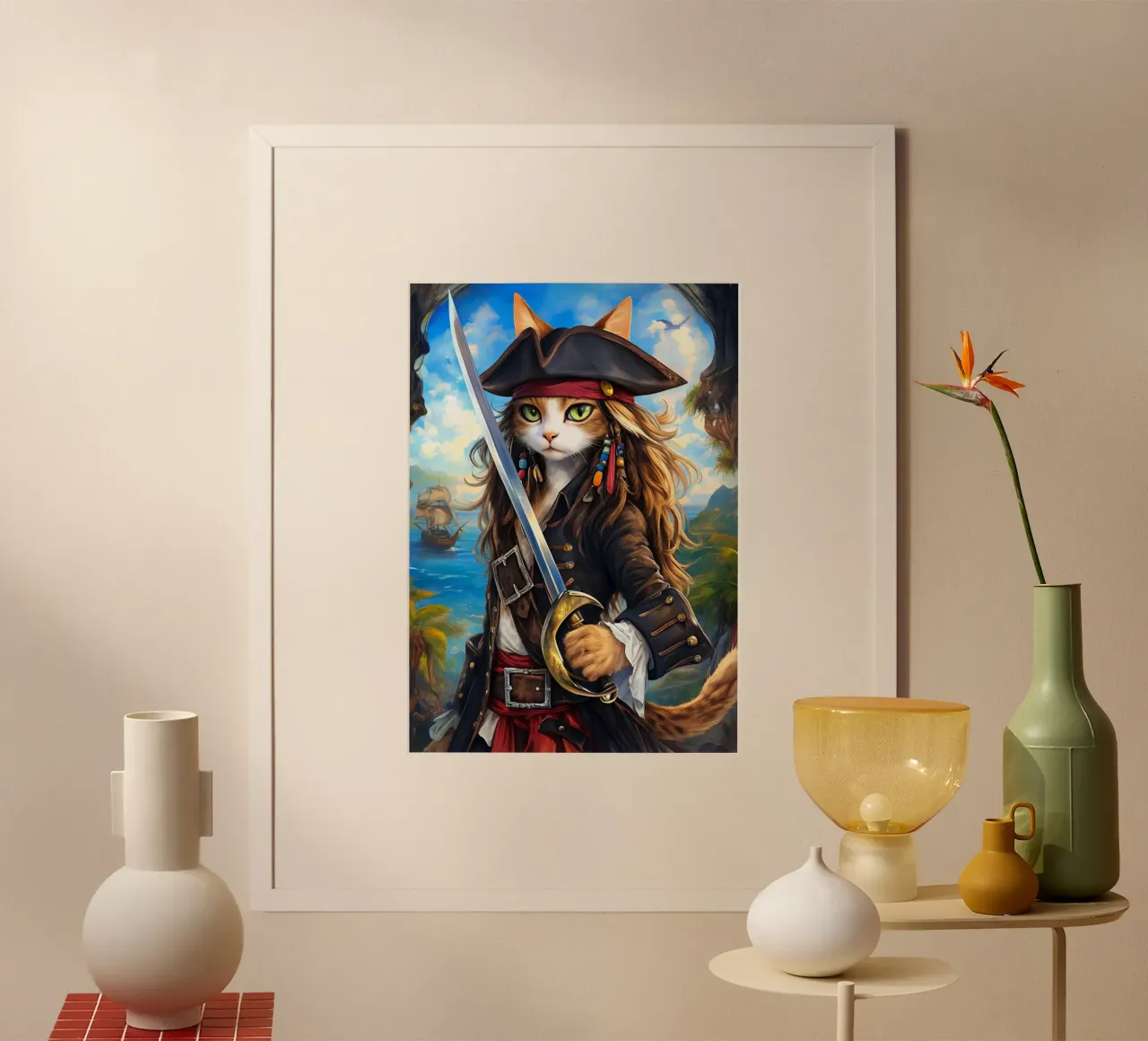 Gatto pirata poster con telaio in plastica da Fleur de Lys