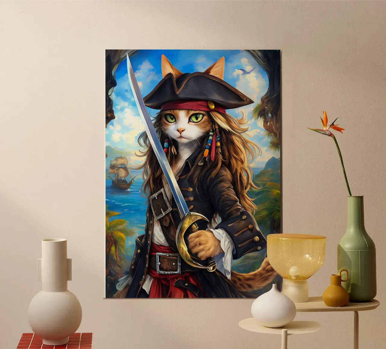 Gatto pirata poster con telaio in plastica da Fleur de Lys