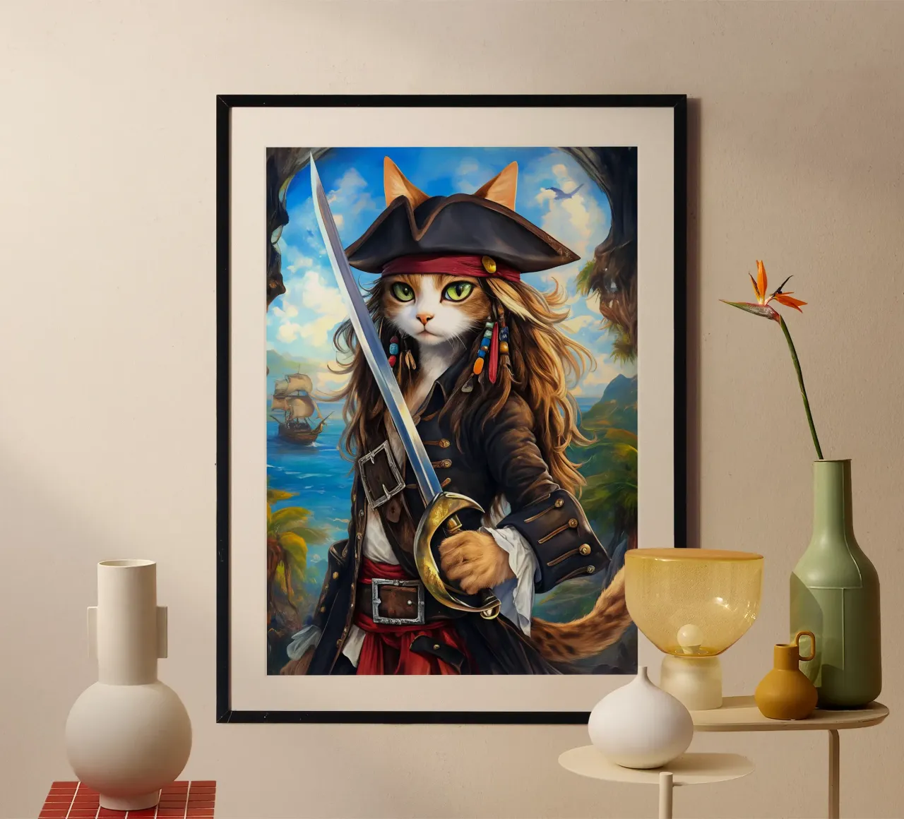 Gatto pirata poster con telaio in plastica da Fleur de Lys