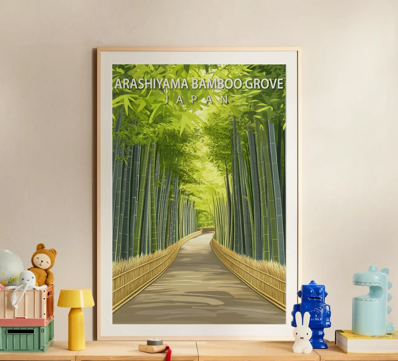 Boschetto di bambù di Arashiyama, Giappone poster con telaio in plastica da Wanderlust Vibes