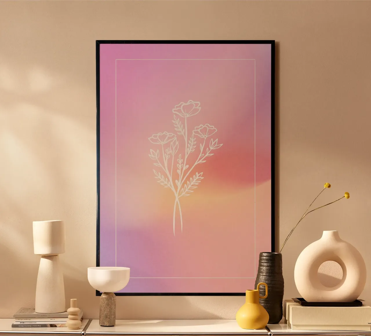 Roze Aura print, bloemverloop kunst, levendige kunst poster met kunststof frame van Dreamscape