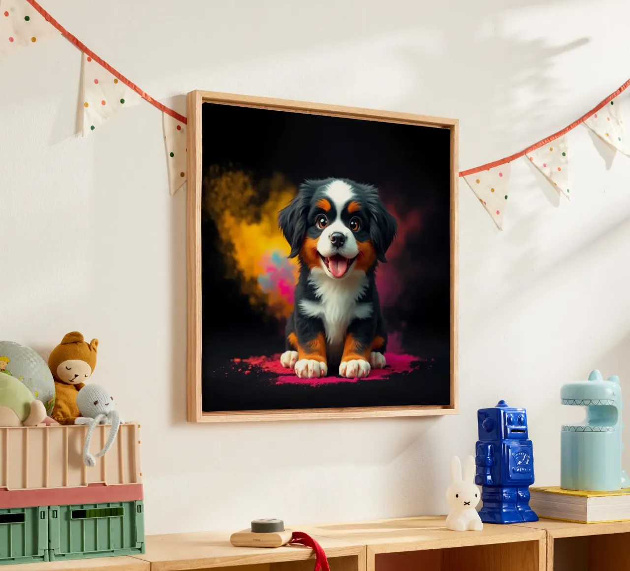 The colorful Bernese Mountain Dog #3 canvas with Floater frame by Yumis.Beargang.and.Me