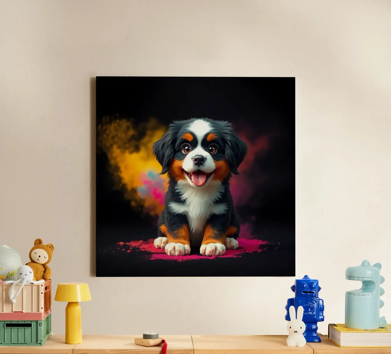 The colorful Bernese Mountain Dog #3 canvas with Floater frame by Yumis.Beargang.and.Me