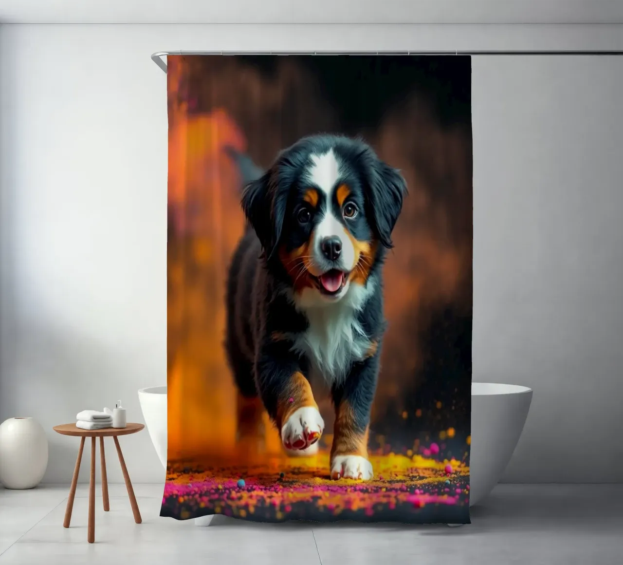 The colorful Bernese Mountain Dog #4 shower curtain by Yumis.Beargang.and.Me