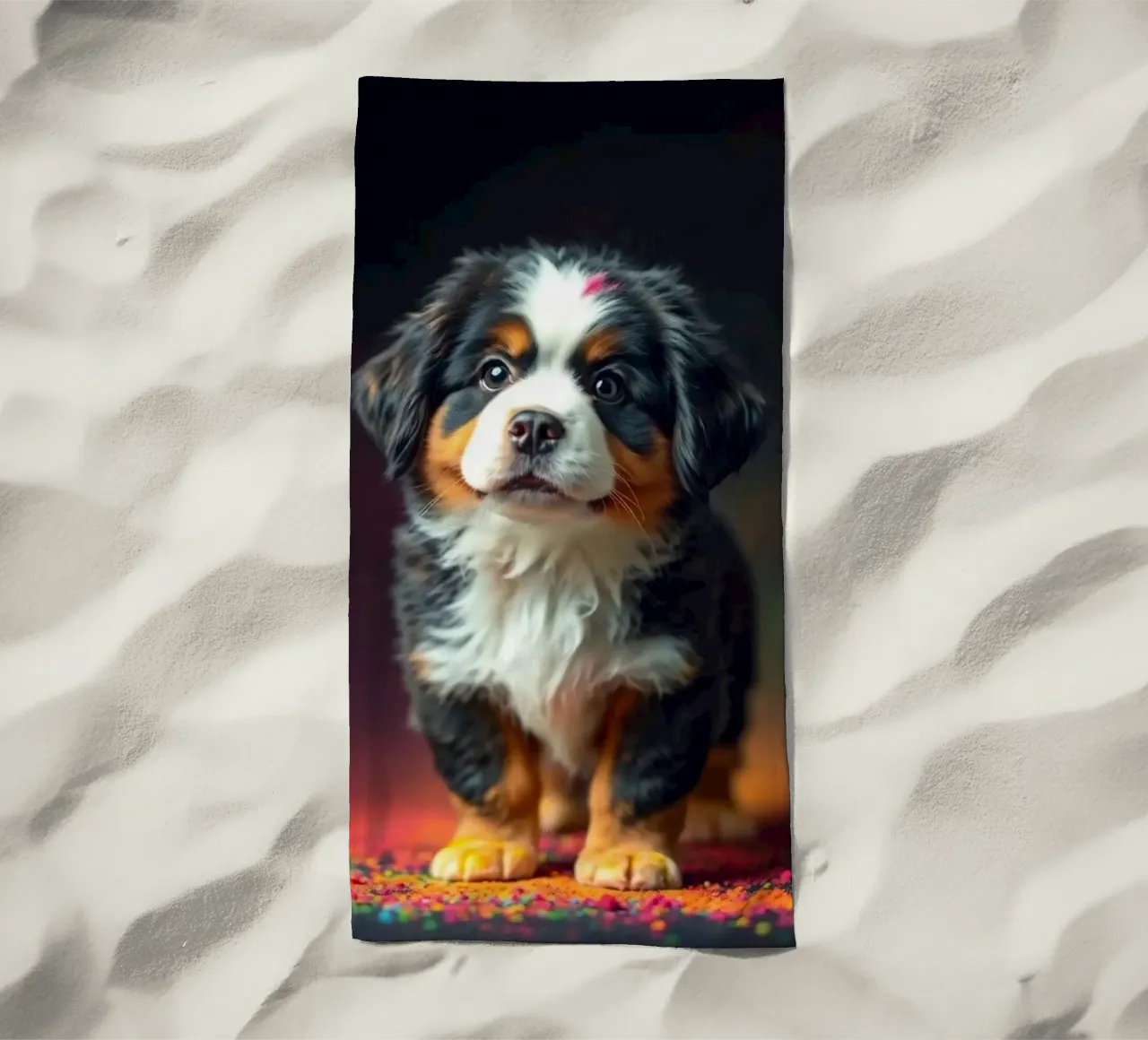 The colorful Bernese Mountain Dog #6 beach towel by Yumis.Beargang.and.Me