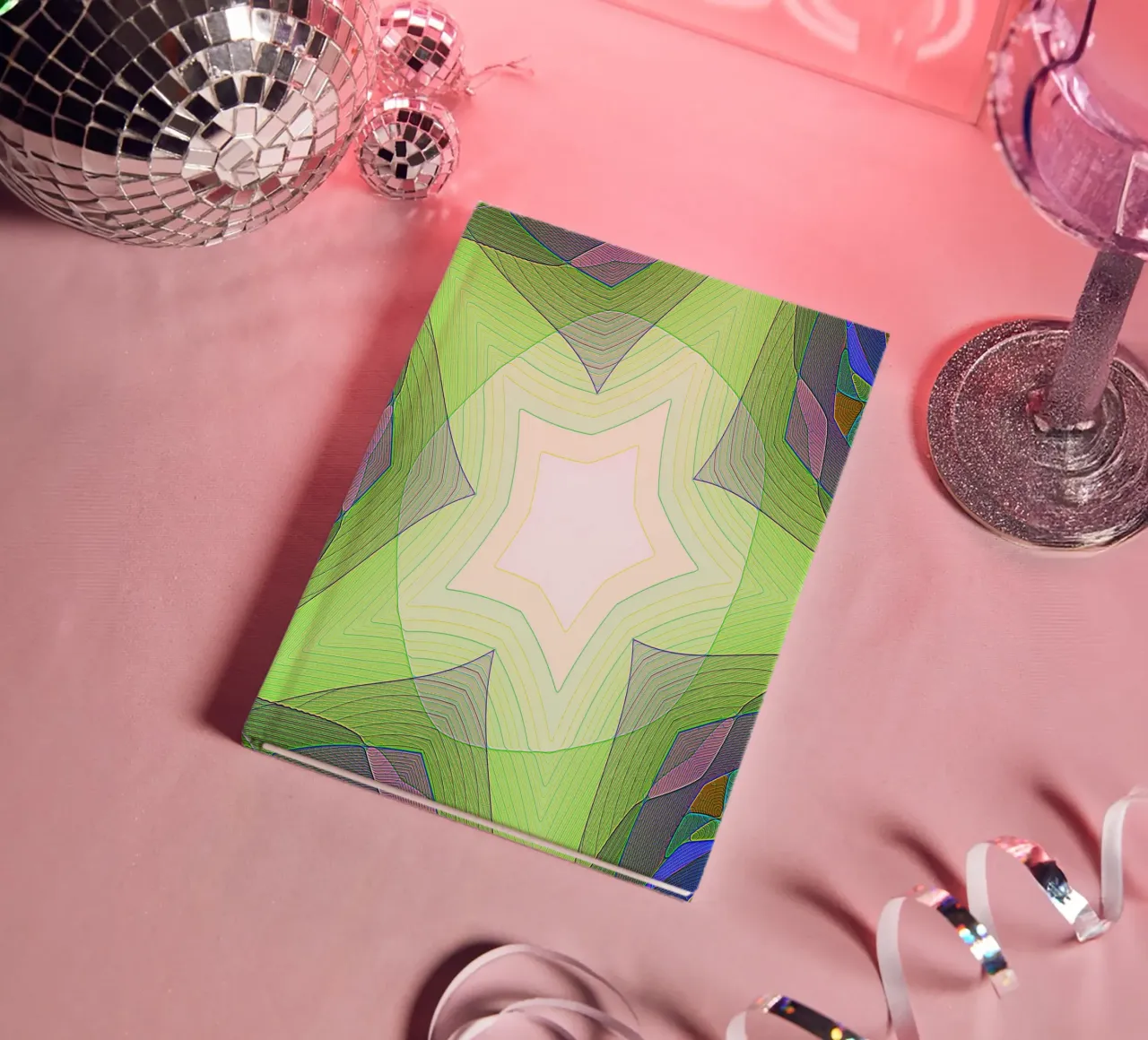 5-pointed star with colourful decorations, in shades of green notebook by Gürsel Yesil Digital Art