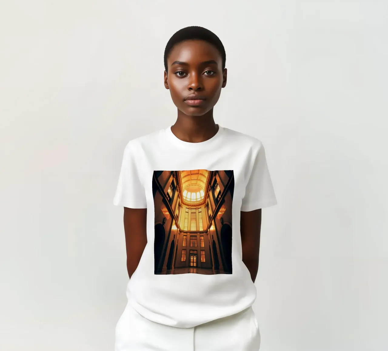 intérieur architectural présentant un flux de lumière dorée t-shirt de DesignDoodle