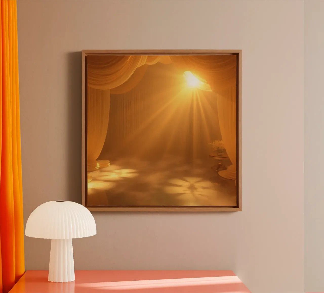 Golden sunlight filters through soft drapery canvas with Floater frame by DesignDoodle