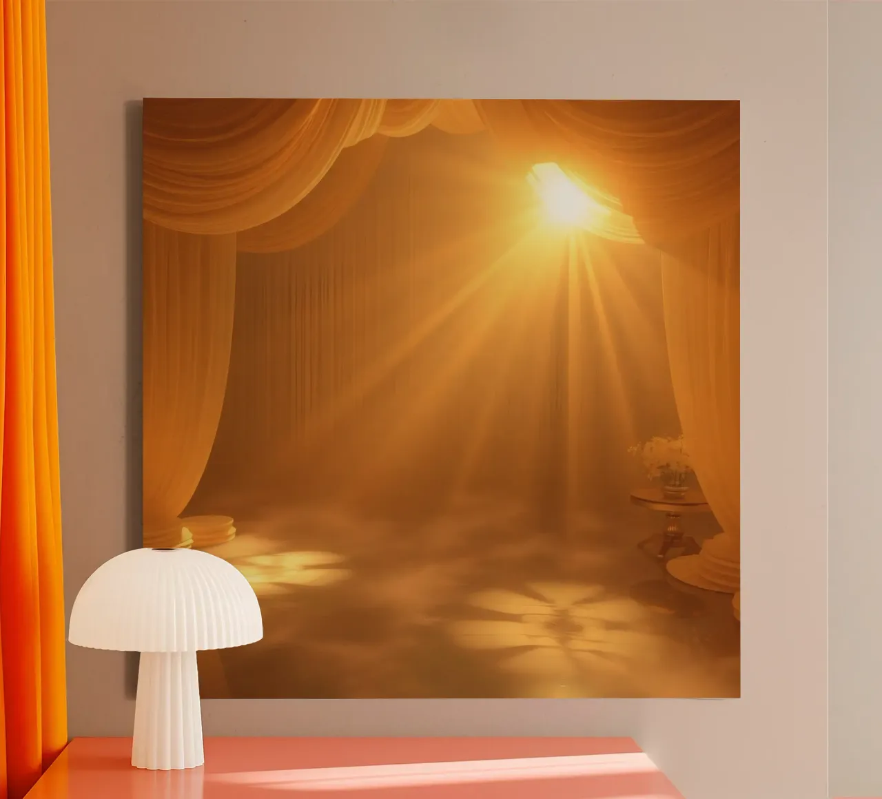 Golden sunlight filters through soft drapery canvas with Floater frame by DesignDoodle
