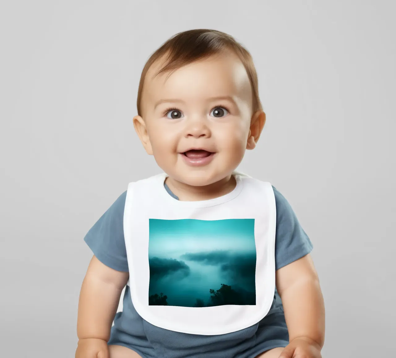 Misty river landscape at dawn with ethereal hues and tranqui baby bib by DesignDoodle