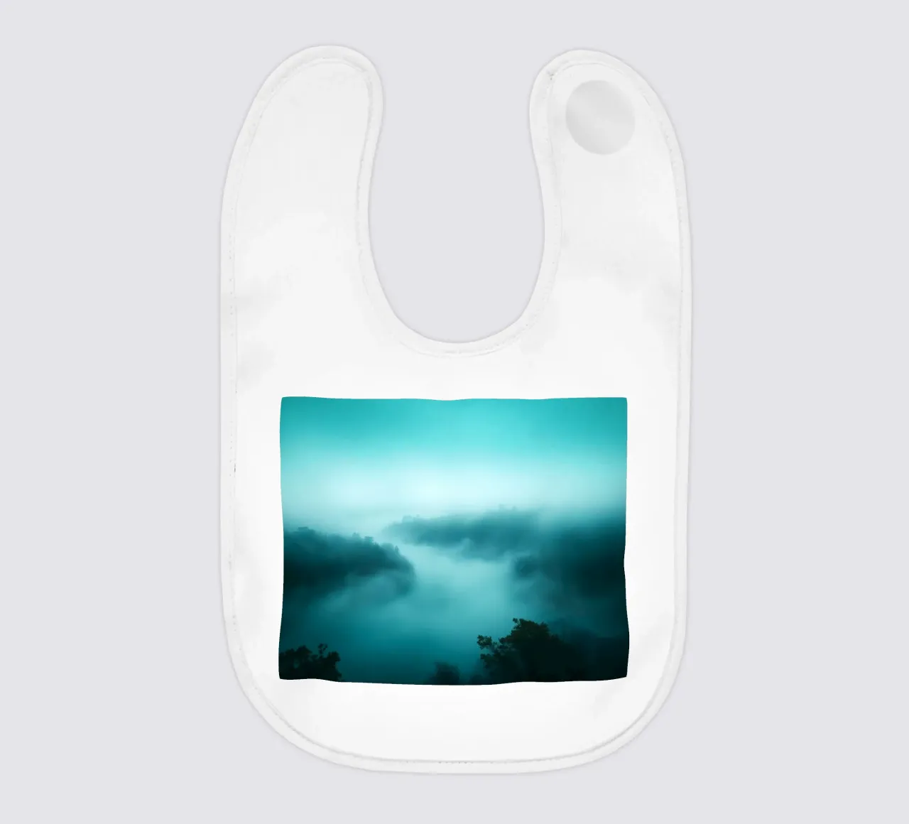 Misty river landscape at dawn with ethereal hues and tranqui baby bib by DesignDoodle