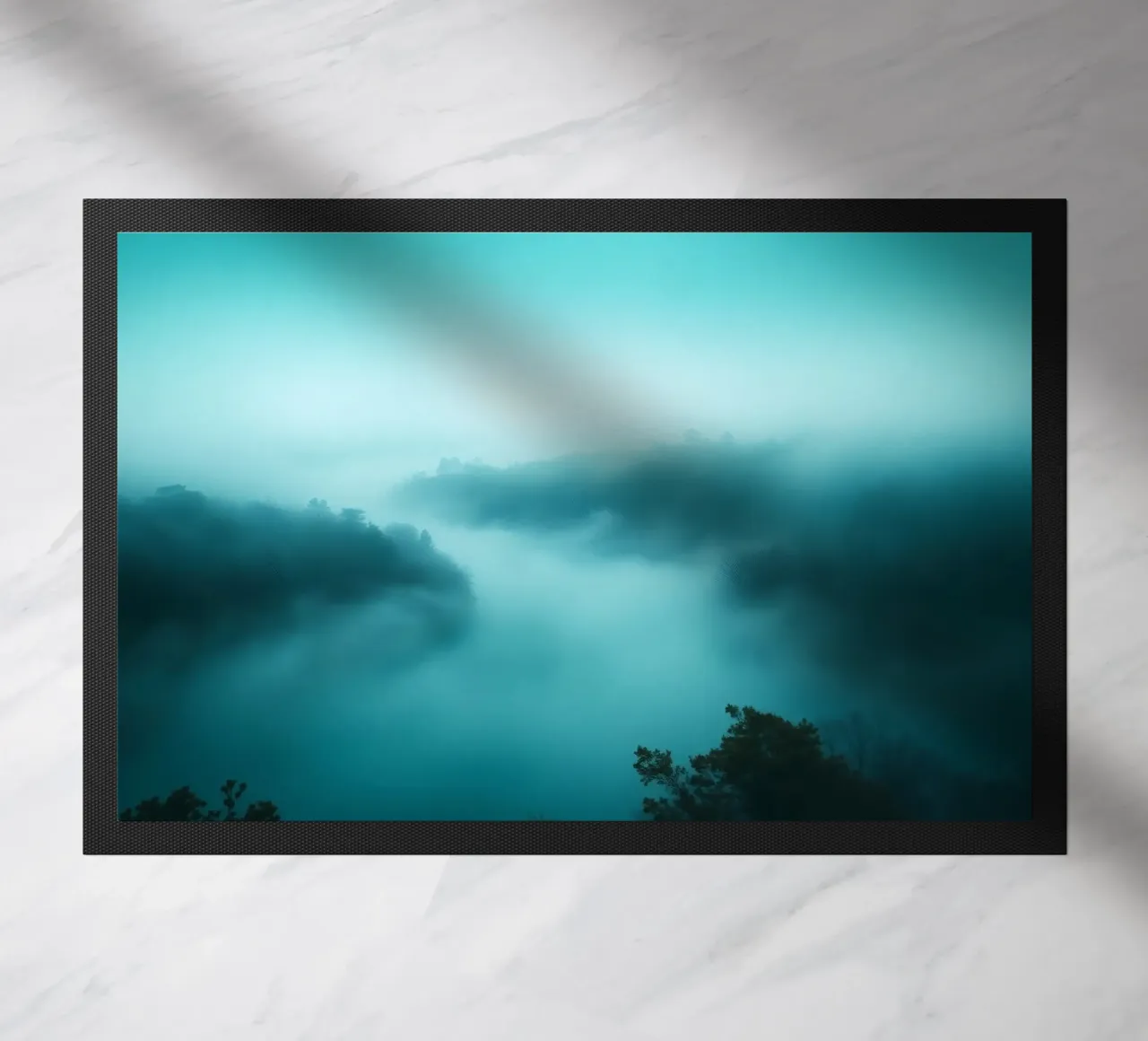 Misty river landscape at dawn with ethereal hues and tranqui doormat by DesignDoodle