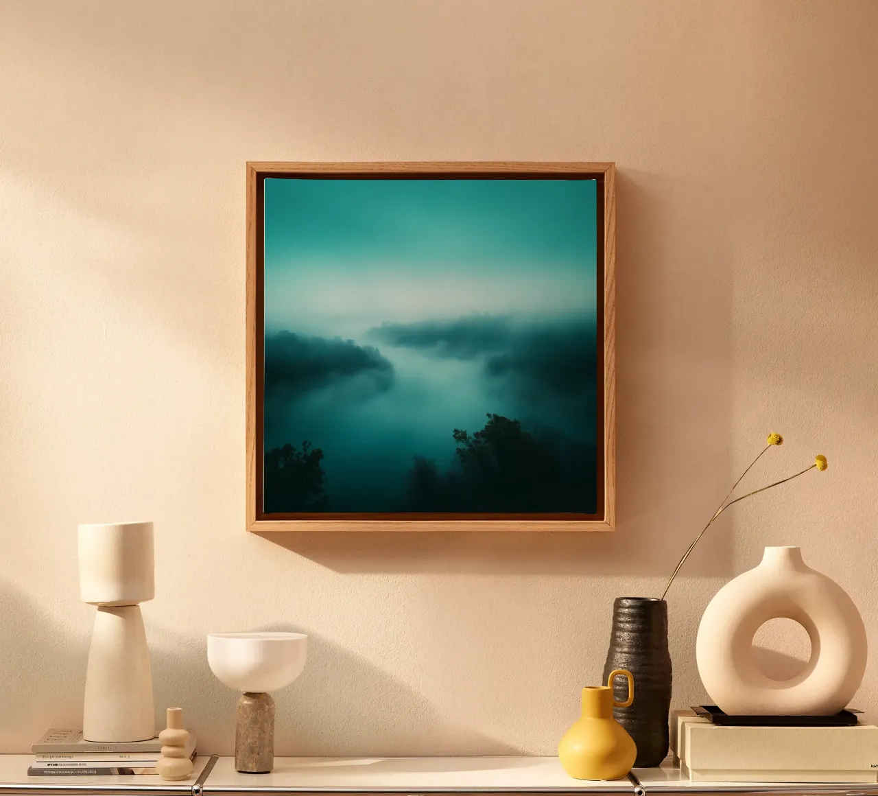 Nevelig rivierlandschap bij dageraad met etherische tinten en rust canvas van DesignDoodle
