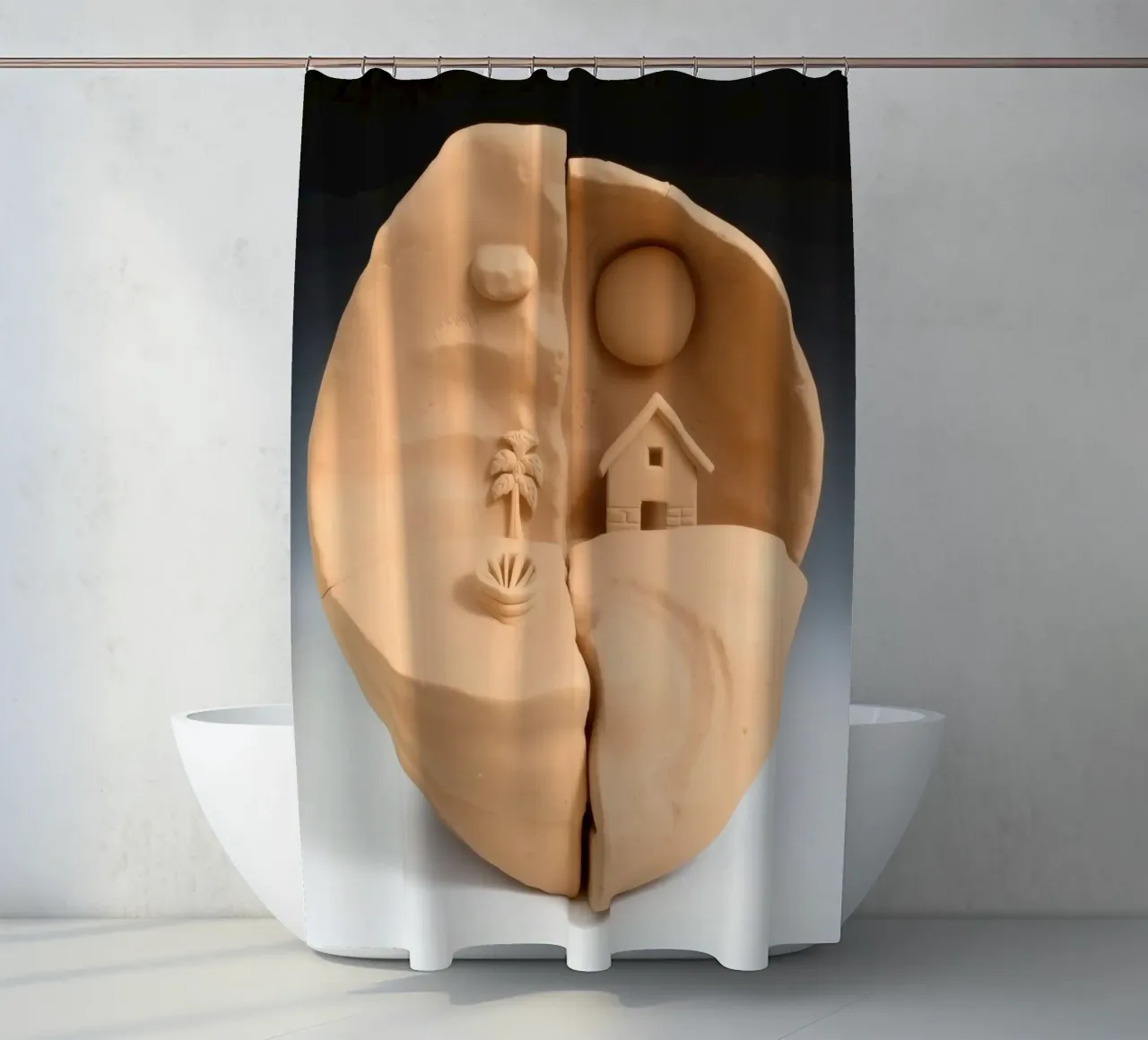 scultura in argilla raffigurante un paesaggio diviso in due con casa e pa tenda da doccia da DesignDoodle