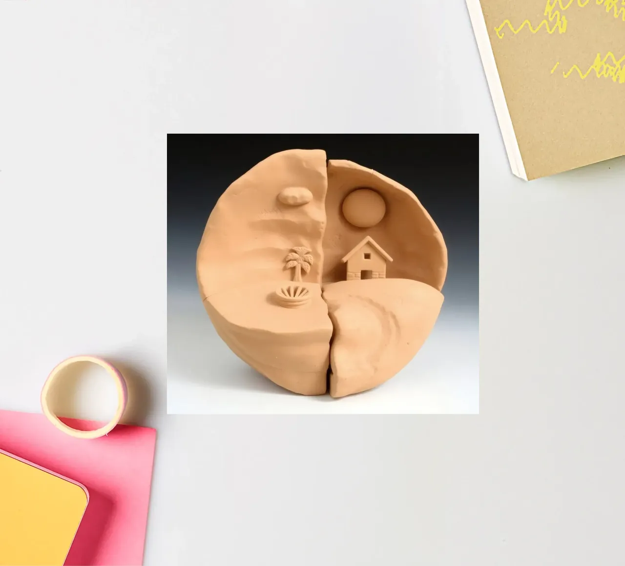 scultura in argilla raffigurante un paesaggio diviso in due con casa e pa adesivo da DesignDoodle
