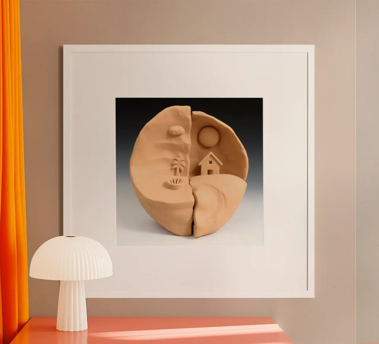 scultura in argilla raffigurante un paesaggio diviso in due con casa e pa carta hahnemühle da DesignDoodle