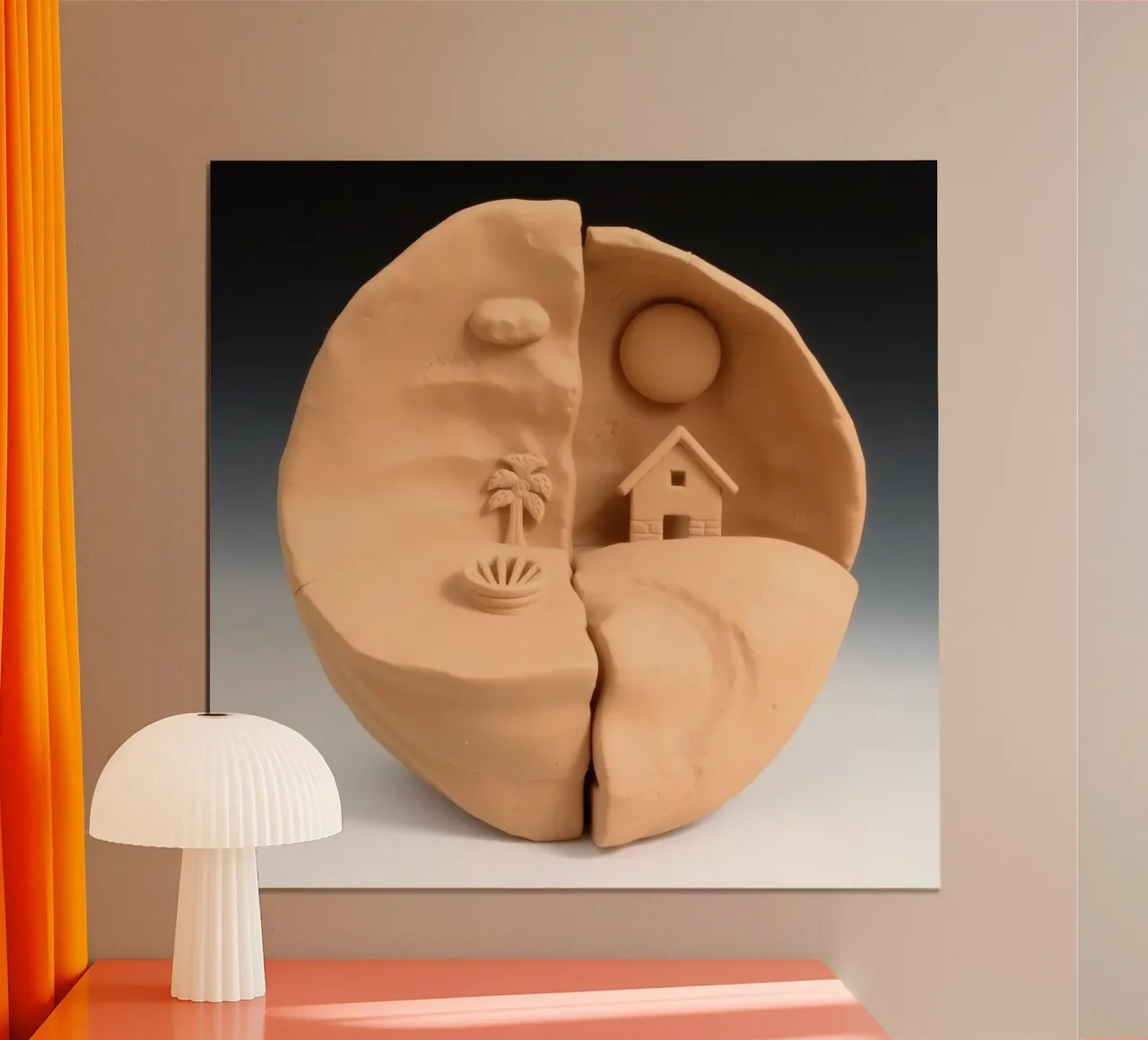 scultura in argilla raffigurante un paesaggio diviso in due con casa e pa carta hahnemühle da DesignDoodle