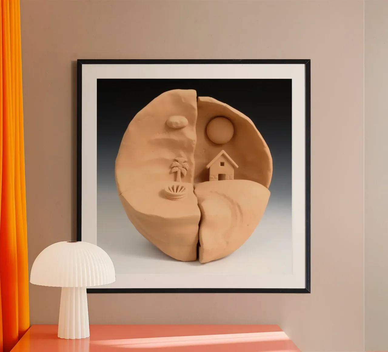 scultura in argilla raffigurante un paesaggio diviso in due con casa e pa carta hahnemühle da DesignDoodle