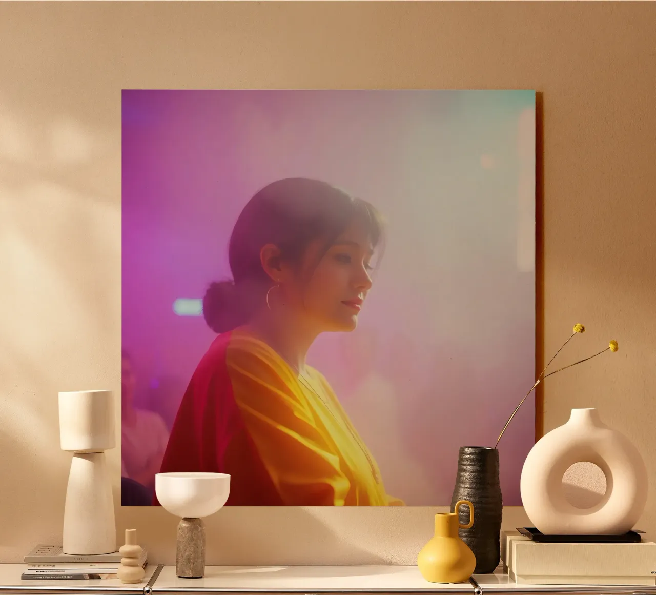 Giovane donna che si gode una festa colorata in un locale notturno alluminio dibond da DesignDoodle