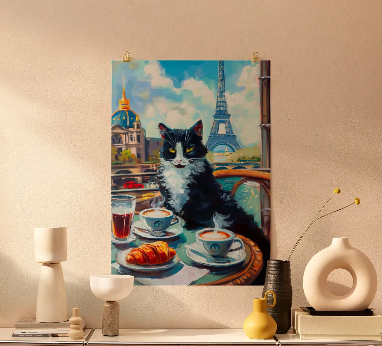 Gatto di Parigi poster con telaio in legno da Fleur de Lys