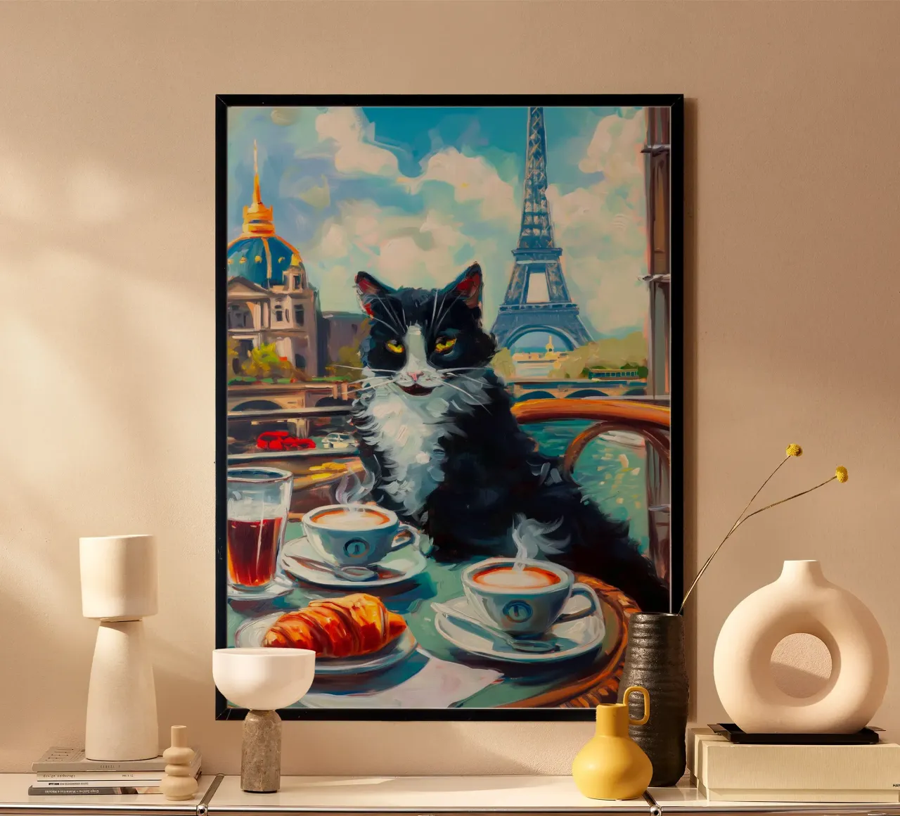 Gatto di Parigi poster con telaio in legno da Fleur de Lys