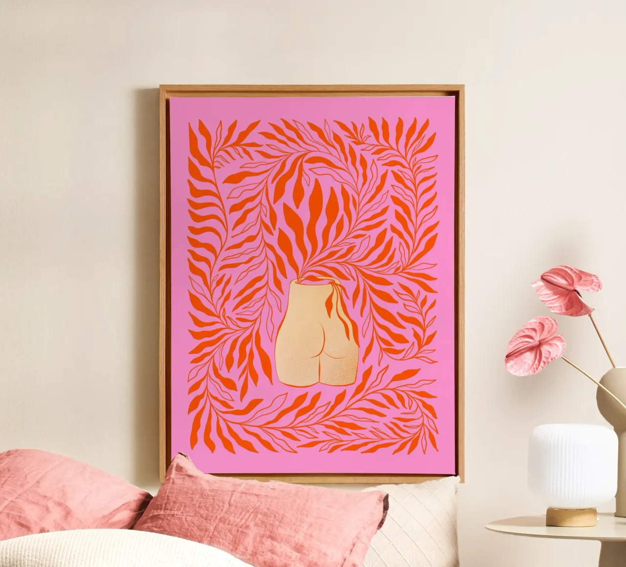 Boho Bum bloemenvaas - Levendig oranje roze canvas met Baklijst van Dominique Vari