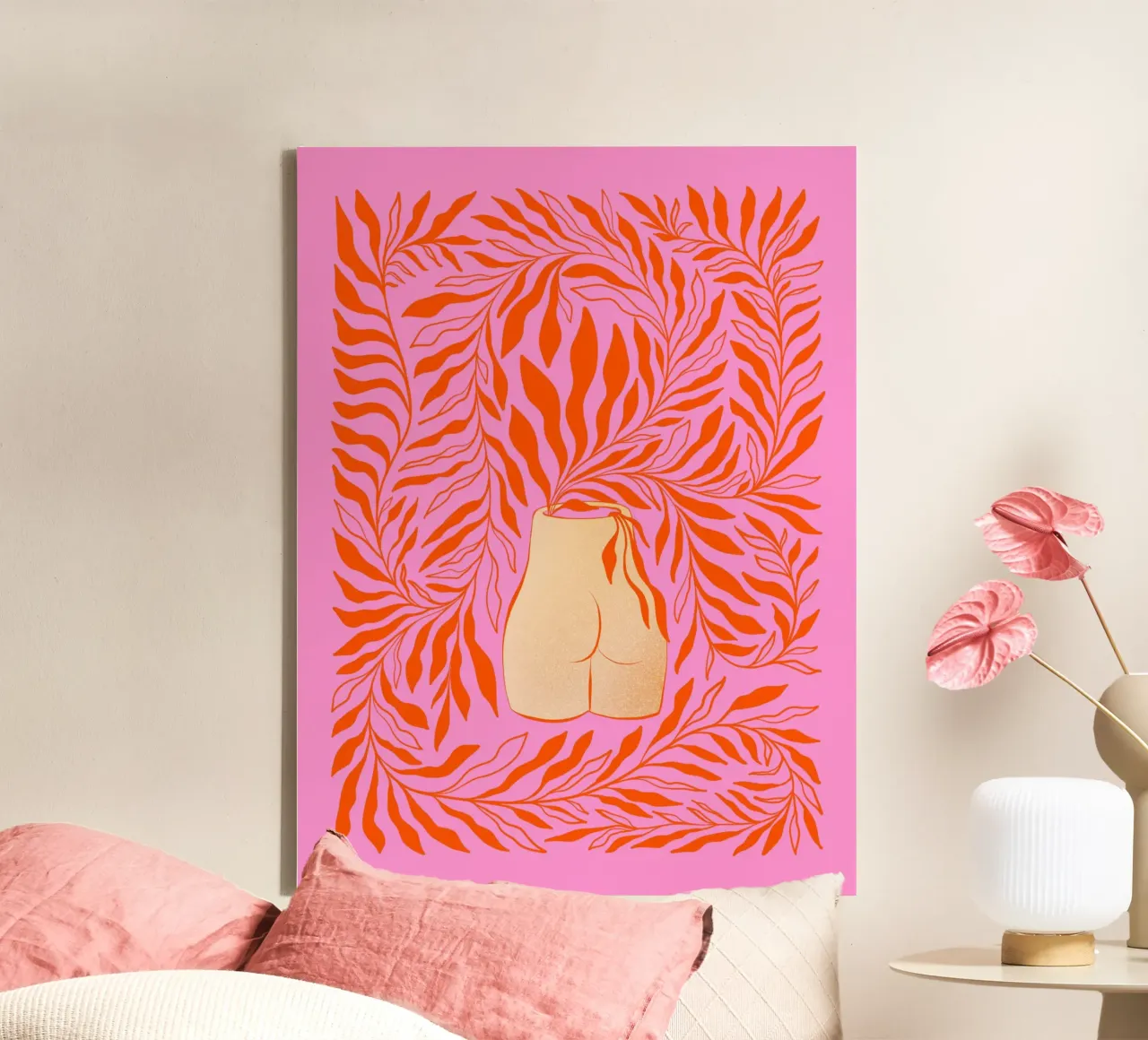 Boho Bum bloemenvaas - Levendig oranje roze canvas met Baklijst van Dominique Vari