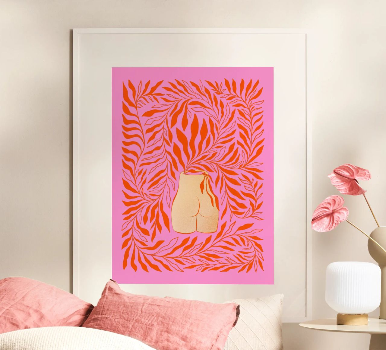 Vase floral Boho Bum - Rose orangé vibrant poster de Dominique Vari