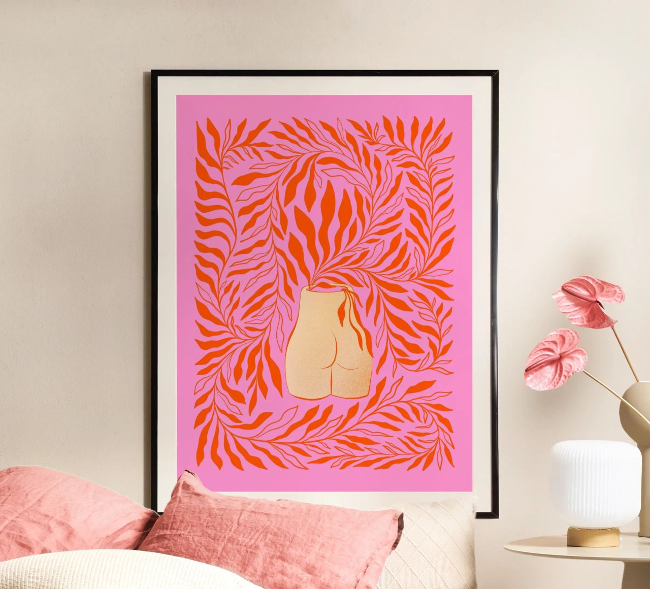 Vase floral Boho Bum - Rose orangé vibrant poster de Dominique Vari