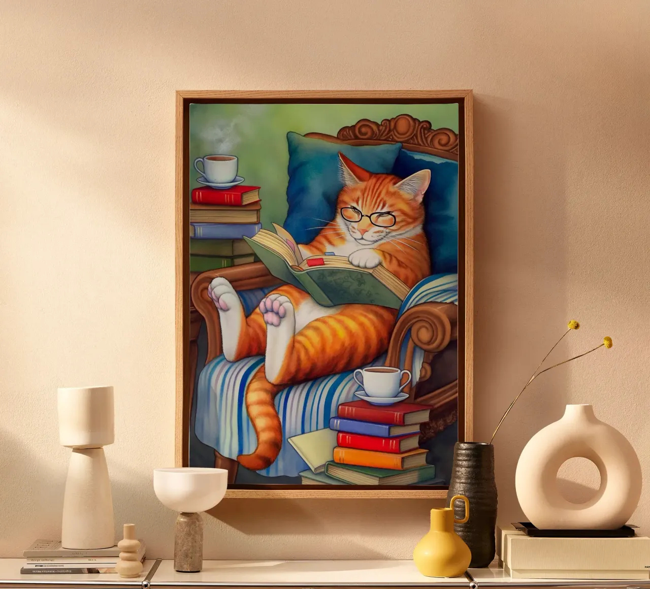 Katze Lesen Leinwand mit Schattenfugenrahmen von Fleur de Lys