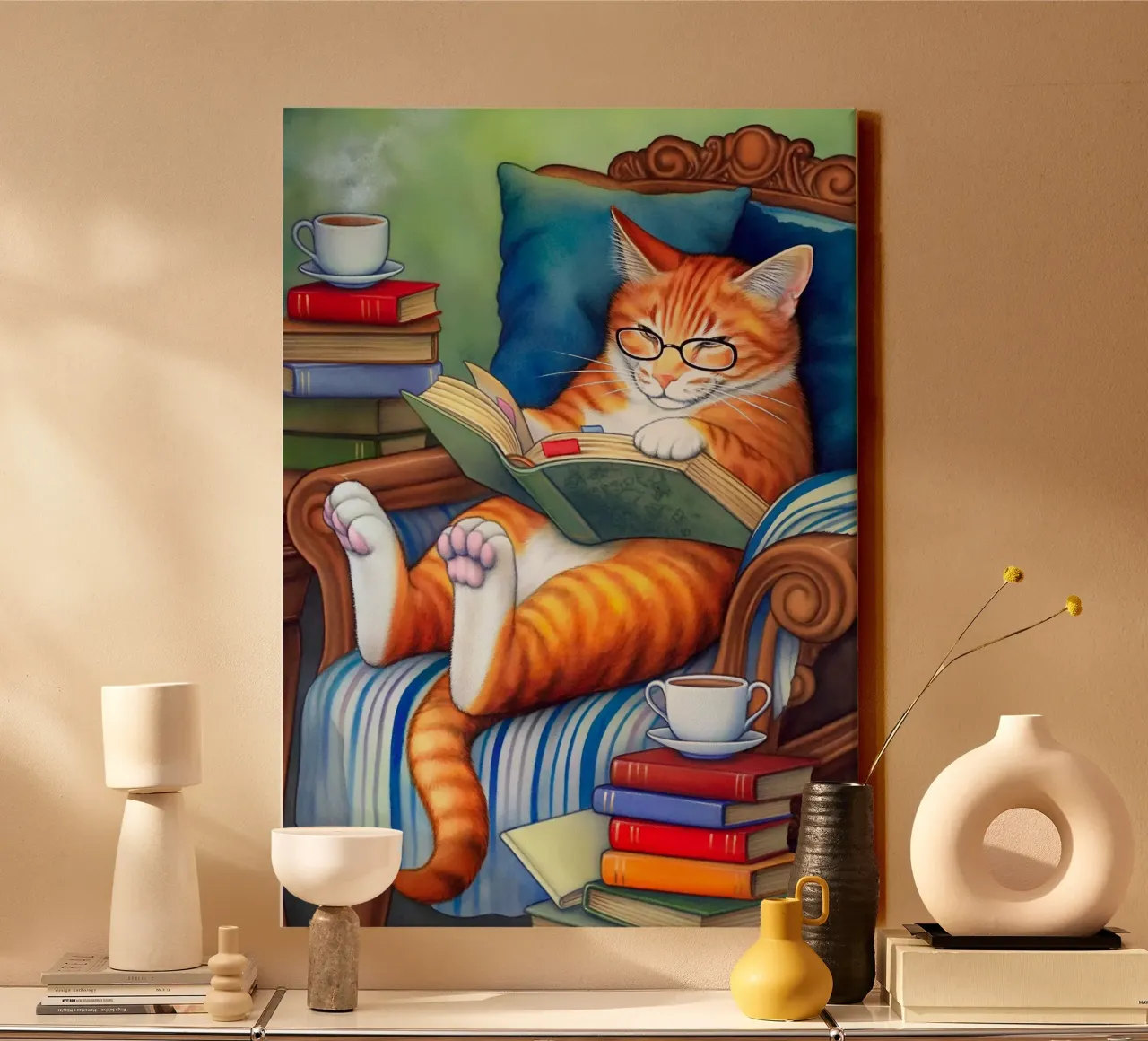 Katze Lesen Leinwand mit Schattenfugenrahmen von Fleur de Lys