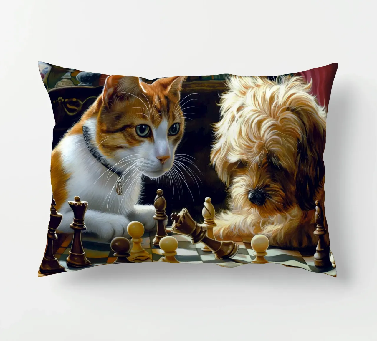 Gatto e cane giocano a scacchi cuscino da Fleur de Lys