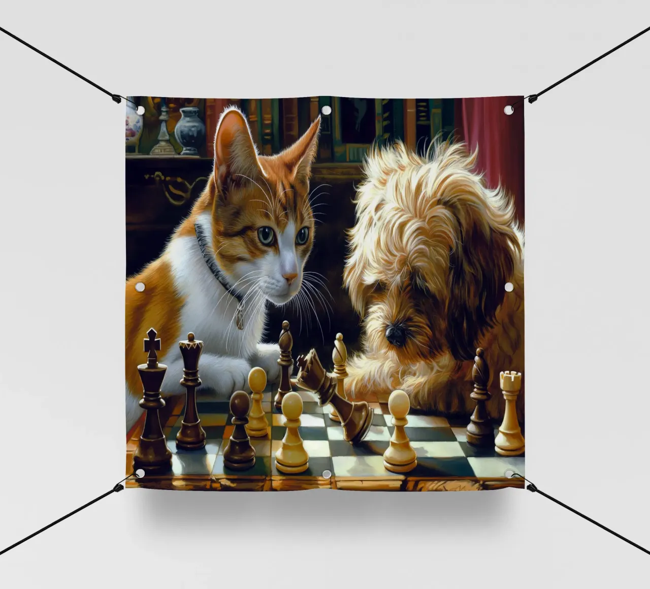 Gatto e cane giocano a scacchi telo in pvc da Fleur de Lys