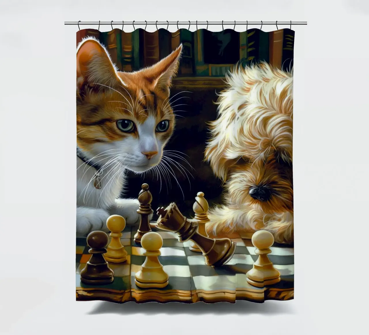 Gatto e cane giocano a scacchi tenda da doccia da Fleur de Lys
