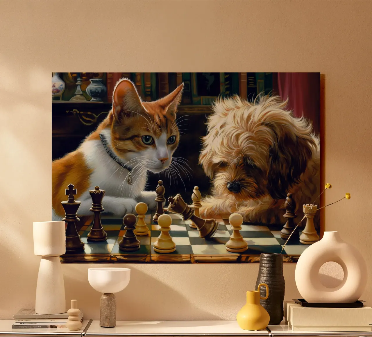 Gatto e cane giocano a scacchi plexiglass da Fleur de Lys