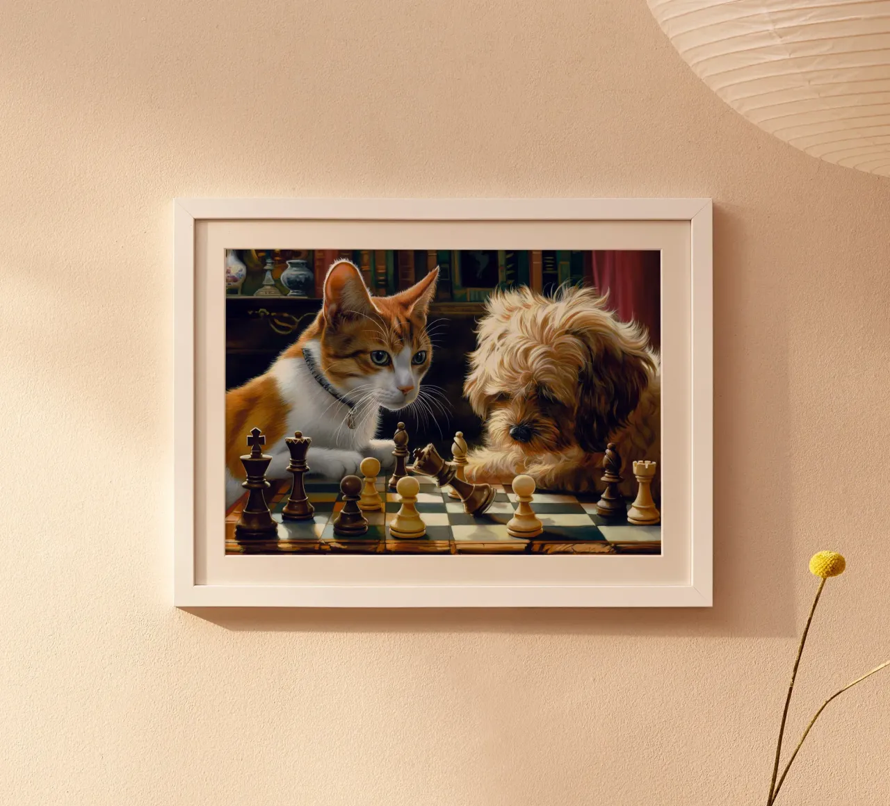Gatto e cane giocano a scacchi carta hahnemühle da Fleur de Lys