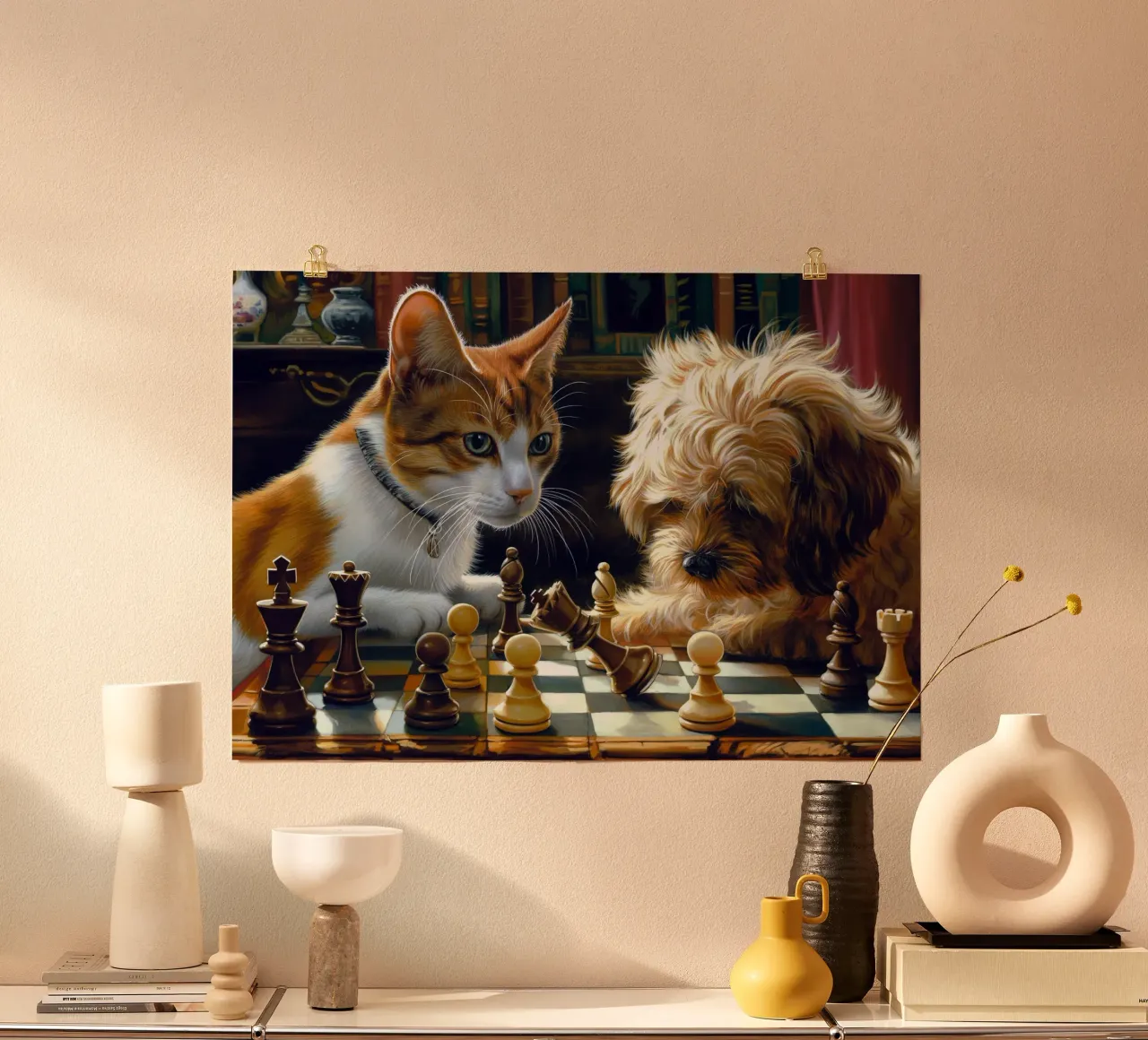 Gatto e cane giocano a scacchi carta hahnemühle da Fleur de Lys