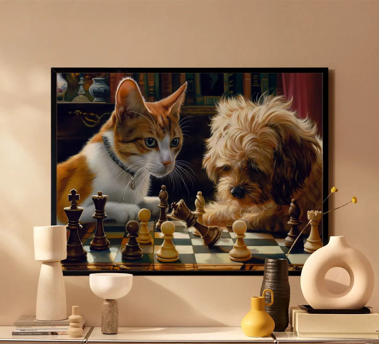 Gatto e cane giocano a scacchi carta hahnemühle da Fleur de Lys