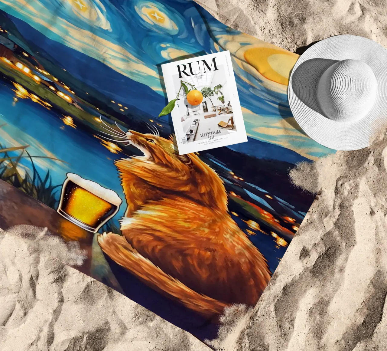 Gatto beve birra telo mare da Fleur de Lys