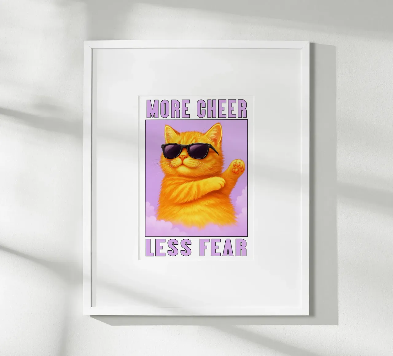 Divertente Gatto cool Più allegria meno paura poster con telaio in legno da the gindils