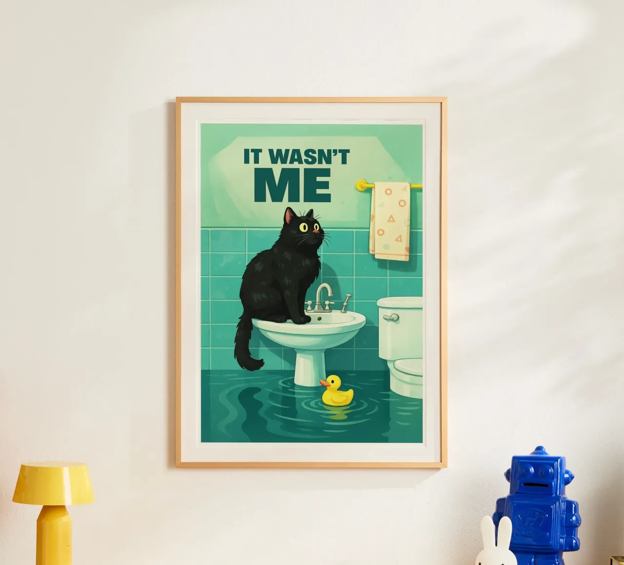 Non sono stato io Gatto divertente Bagno divertente poster con telaio in alluminio da the gindils