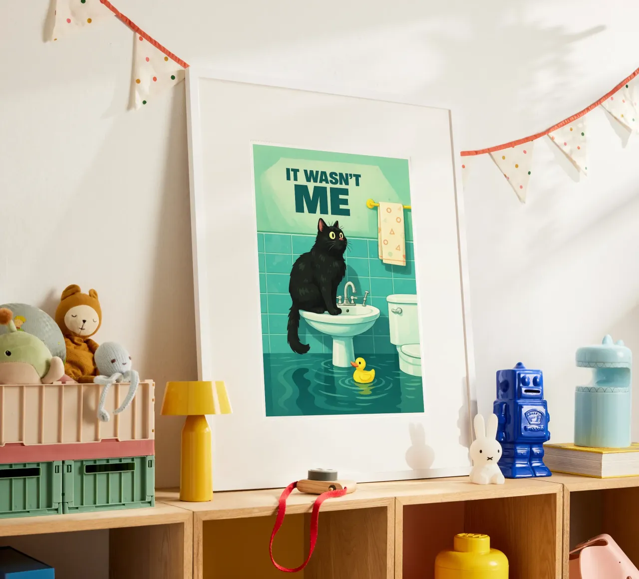 Non sono stato io Gatto divertente Bagno divertente poster con telaio in alluminio da the gindils