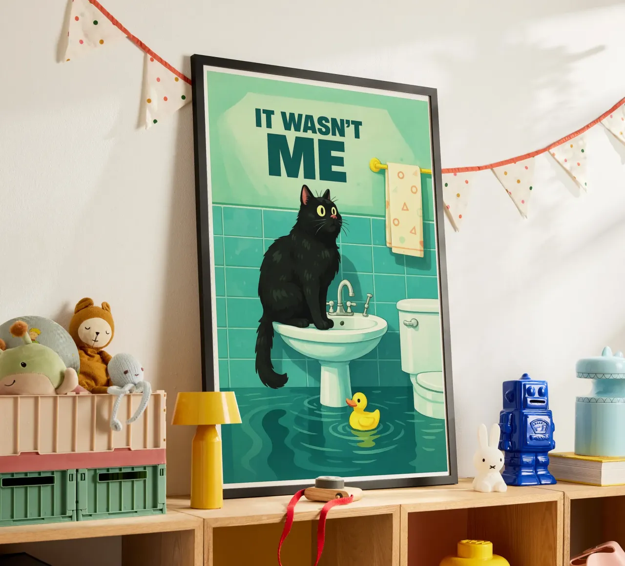 Non sono stato io Gatto divertente Bagno divertente poster con telaio in alluminio da the gindils
