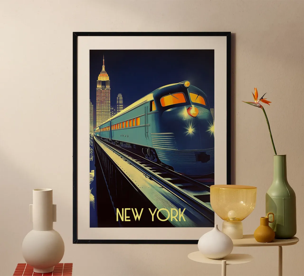 Locomotiva di New York poster con telaio in legno da Fleur de Lys