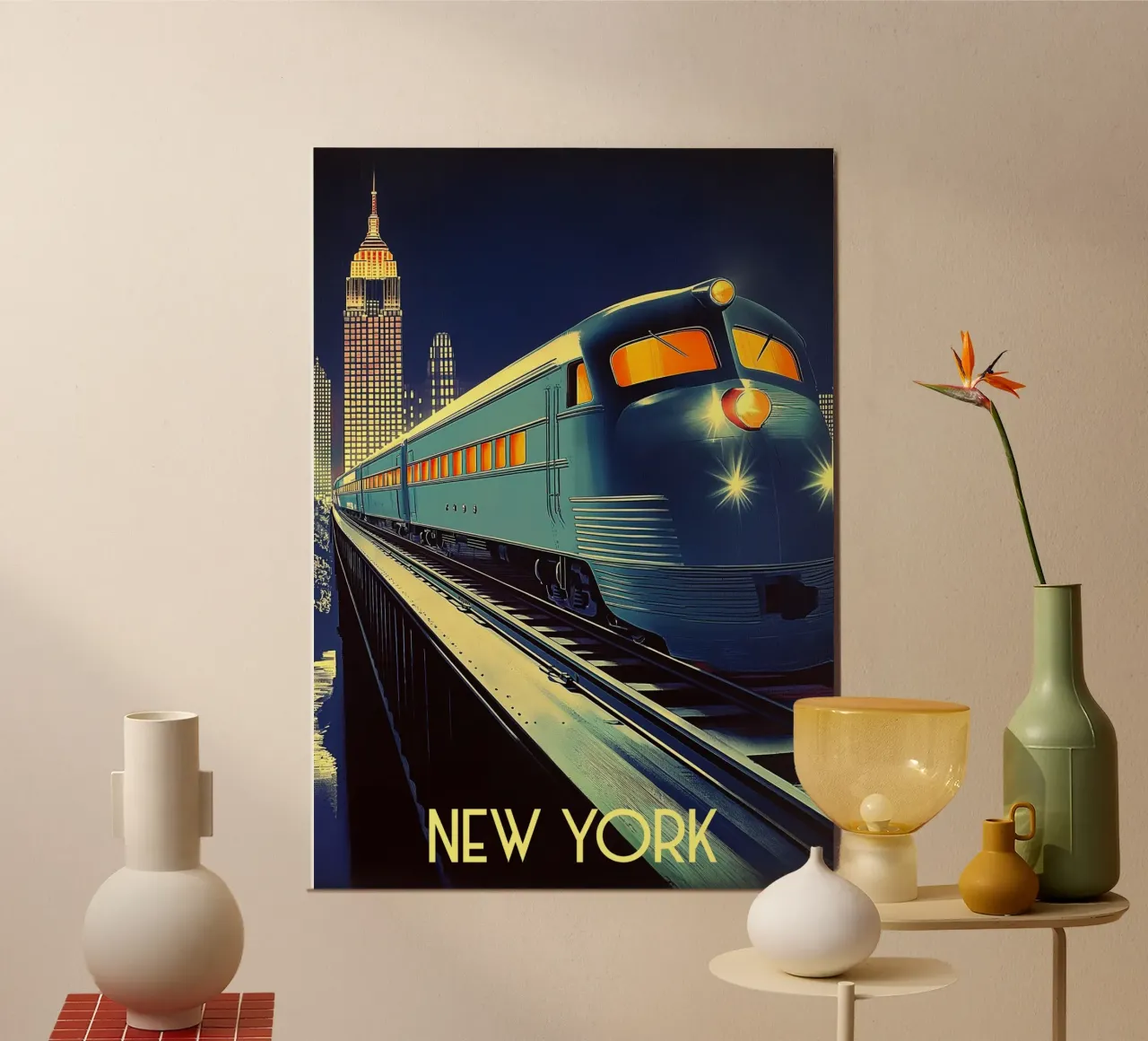 Locomotiva di New York poster con telaio in legno da Fleur de Lys