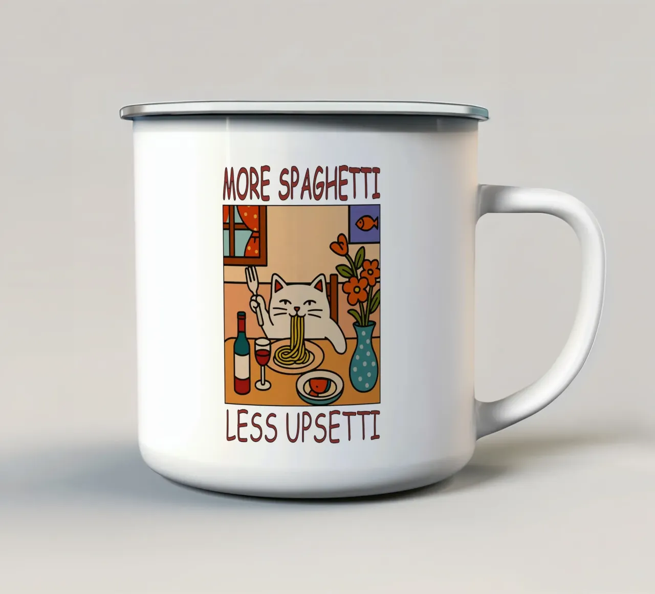 More Spaghetti Less Upsetti Cat Funny Kitchen tazza in smalto da the gindils