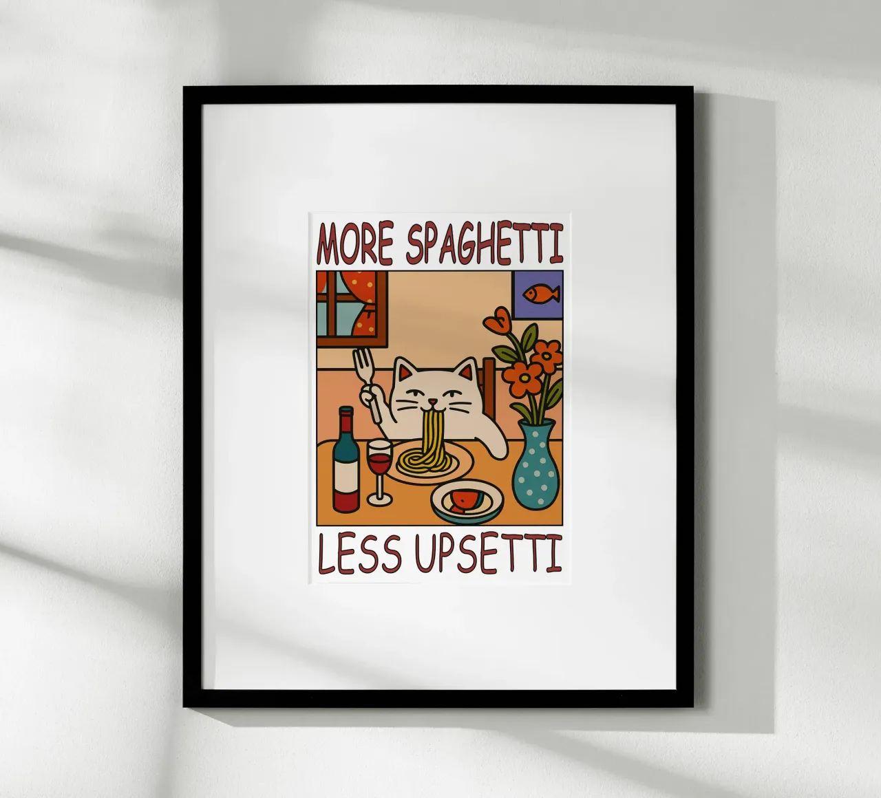 More Spaghetti Less Upsetti Cat Funny Kitchen poster con telaio in plastica da the gindils