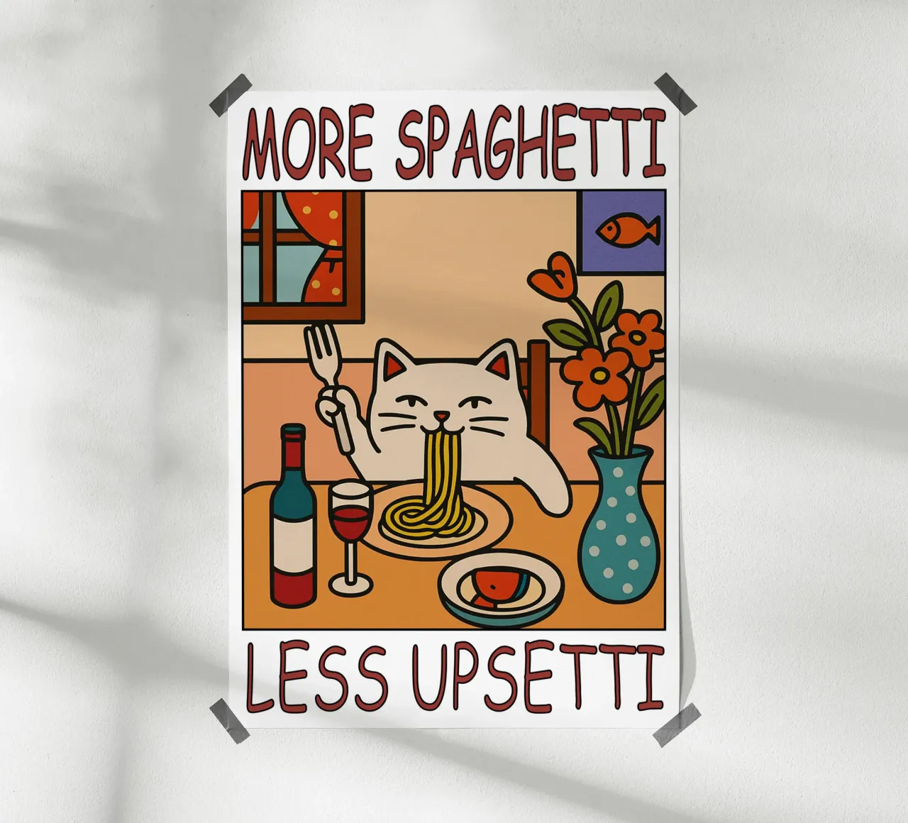 More Spaghetti Less Upsetti Cat Funny Kitchen poster con telaio in plastica da the gindils